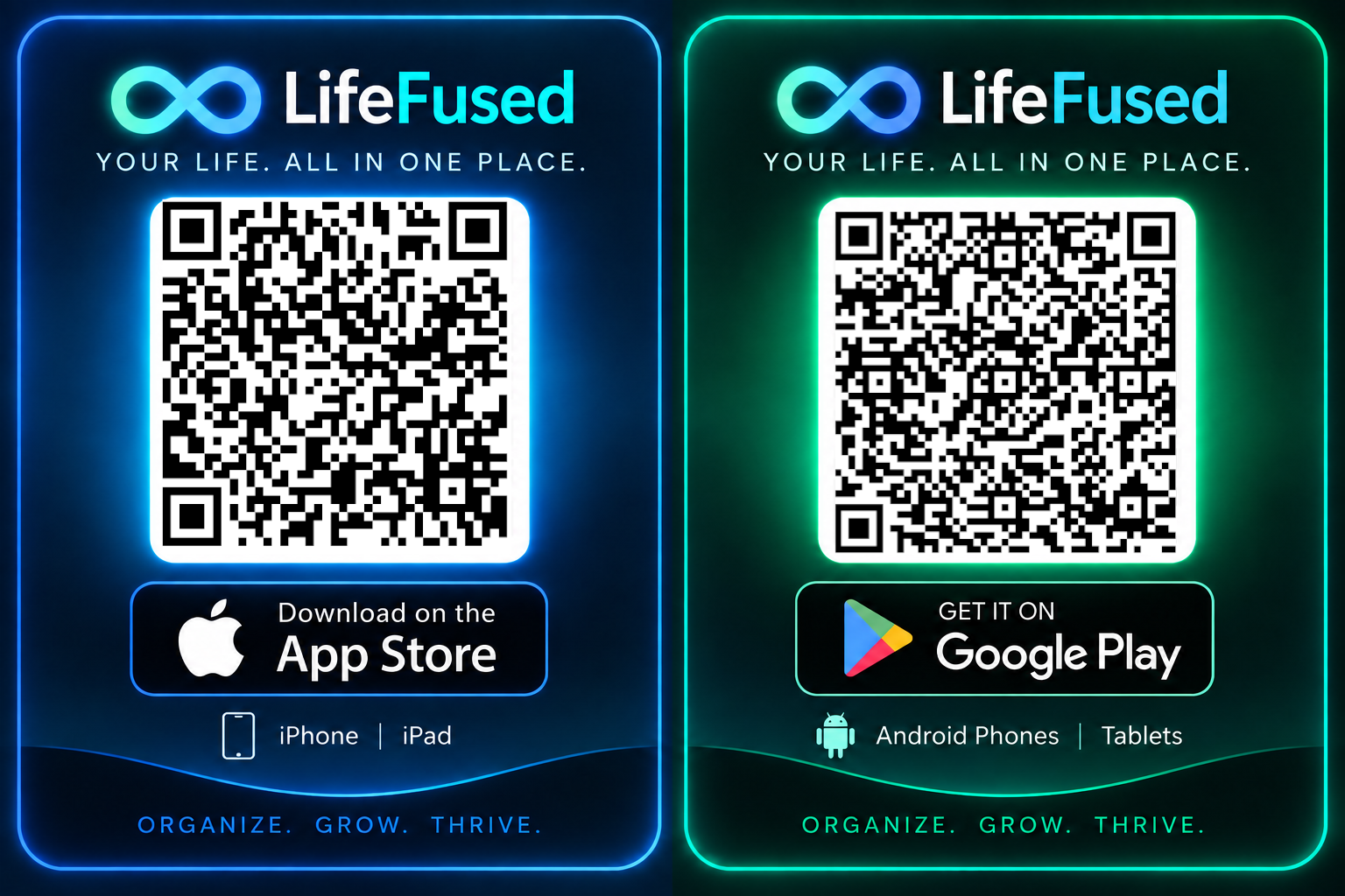 LifeFused download QR codes for the Apple App Store and Google Play.